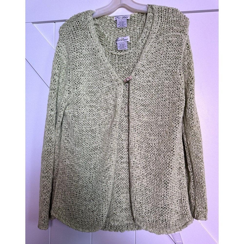Vintage Fred David Lime Green Crochet Long Sleeve Sweater Cardigan/Tank Set Sz L